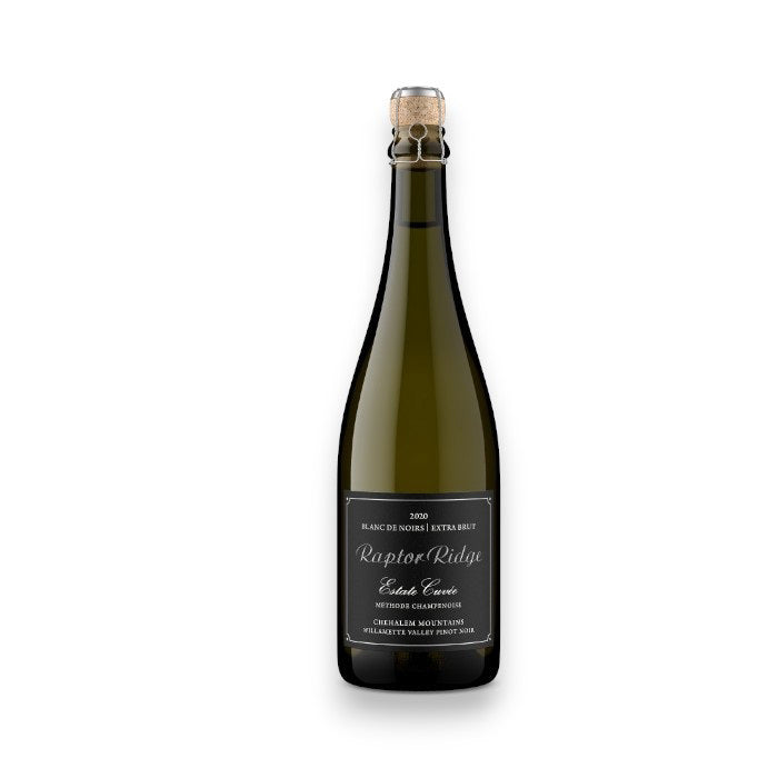A bottle of WINE: ORSINI RAPTOR RIDGE ESTATE CUVEE BLANC DE NOIRS 2020 sparkling wine with a cork top and dark label, crafted in Oregon’s Chehalem Mountains, stands against a white background.