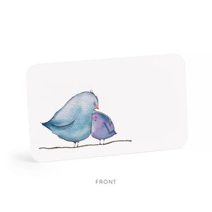 Illustration of two abstract, stylized birds on a white background featured in BIRDIE LOVE - LITTLE NOTES by E.FRANCES PAPER. The larger bird is blue and the smaller one is purple, embodying Birdie Love as they stand closely together on a simple line in this watercolor illustration.