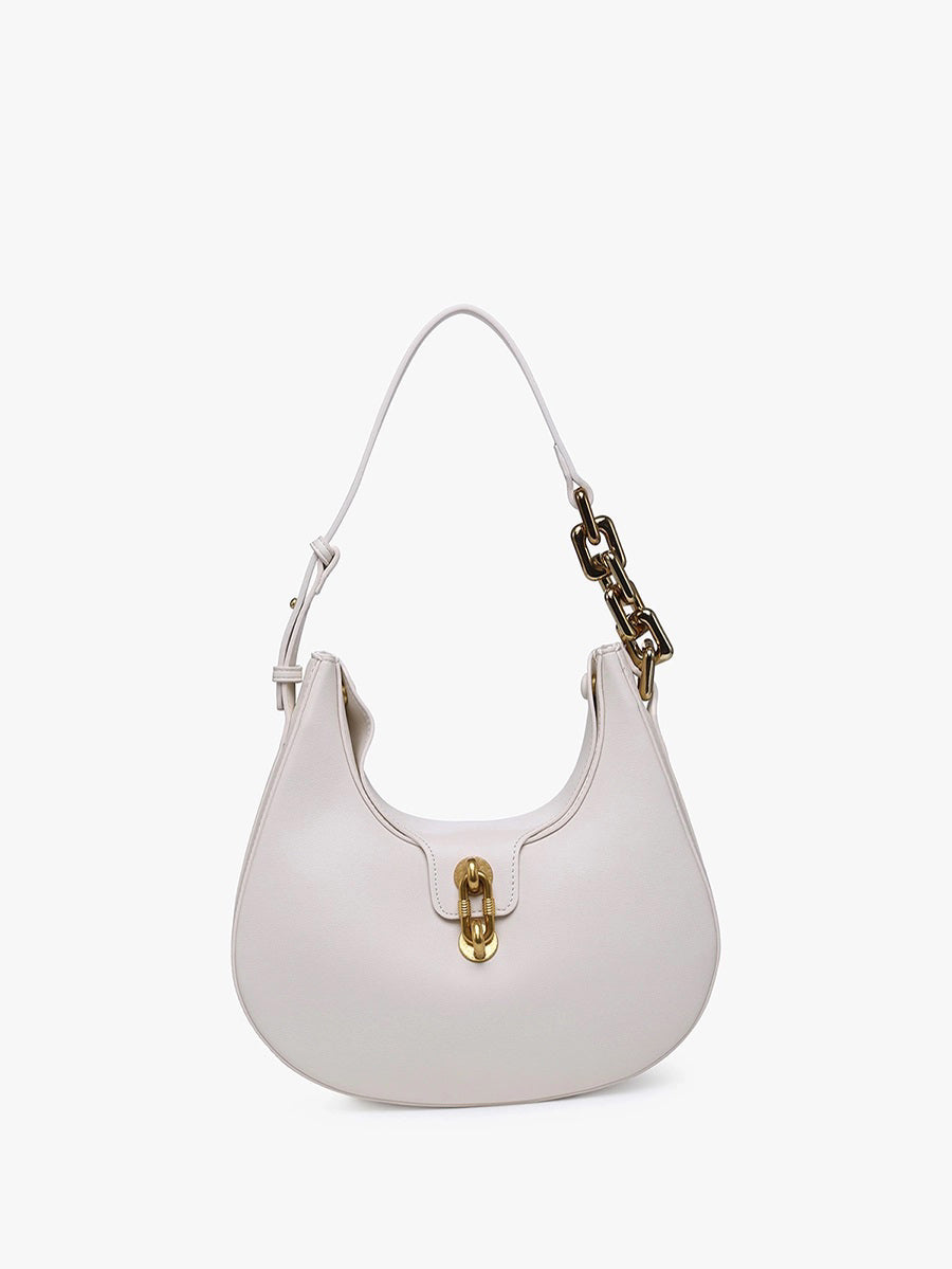 The TWIST LOCK SHOULDER BAG by JEN & CO, a white hobo crafted in vegan leather with a curved design, features a gold twist-lock closure and a chunky gold chain detail on one side of the strap, set against a plain light background.