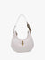 The TWIST LOCK SHOULDER BAG by JEN & CO, a white hobo crafted in vegan leather with a curved design, features a gold twist-lock closure and a chunky gold chain detail on one side of the strap, set against a plain light background.