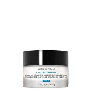 A white jar with a black lid labeled "SKINCEITUCALS - A.G.E INTERRUPTER" contains an anti-wrinkle cream designed to combat aging signs, improving the appearance of wrinkles and firmness. The net weight is 48 ml (1.7 oz).