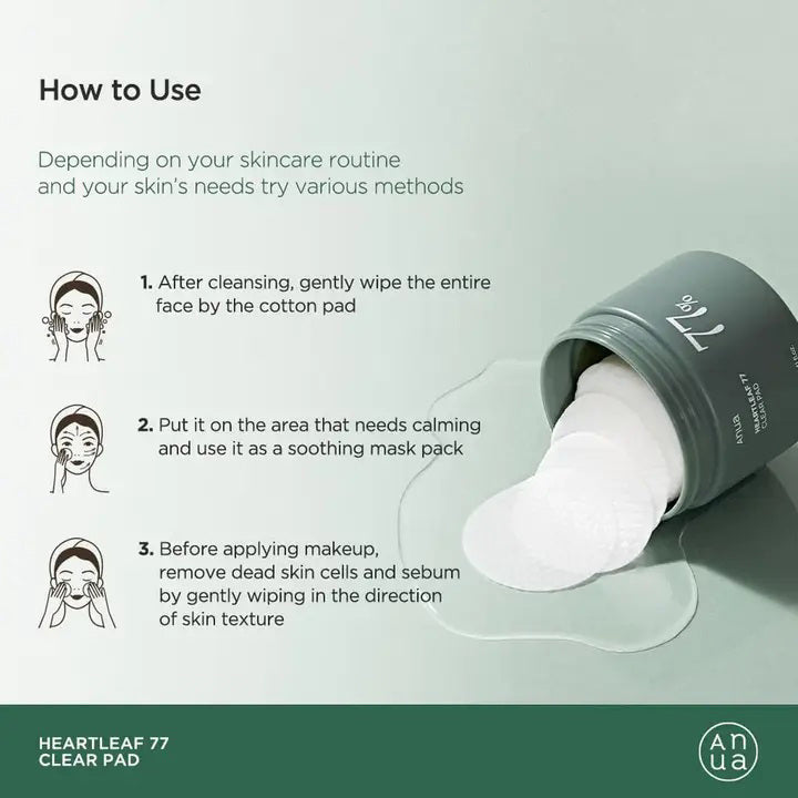 A green cylindrical container with a lid, labeled &quot;ANUA HEARTLEAF 77% CLEAR PAD&quot; in white text is featured. From KOSMIC KBEAUTY SKINCARE, it contains 160ml of heartleaf extract, renowned for anti-inflammatory benefits and minimizing pore size. Set against a plain white background.