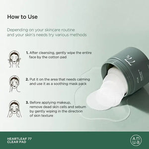 The image is an instruction guide for using KOSMIC KBEAUTY SKINCARE's HEARTLEAF 77% CLEAR PAD, which contains anti-inflammatory Heartleaf extract. The steps are as follows: 1. After cleansing, wipe your entire face with a cotton pad. 2. Use the pad as a soothing mask on specific areas of your skin. 3. Gently wipe to cleanse dead skin cells and reduce sebum before applying makeup.
