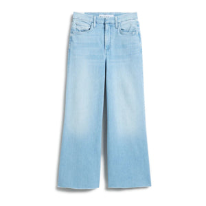 A pair of light blue wide-leg jeans with a high waist. These FRANK & EILEEN Galway Gaucho Jeans in the 1967 Wash have a slightly faded look, front pockets, and a zip fly with a button closure. The hems are straight, embodying the gaucho-style jean vibe, and they are shown against a white background.