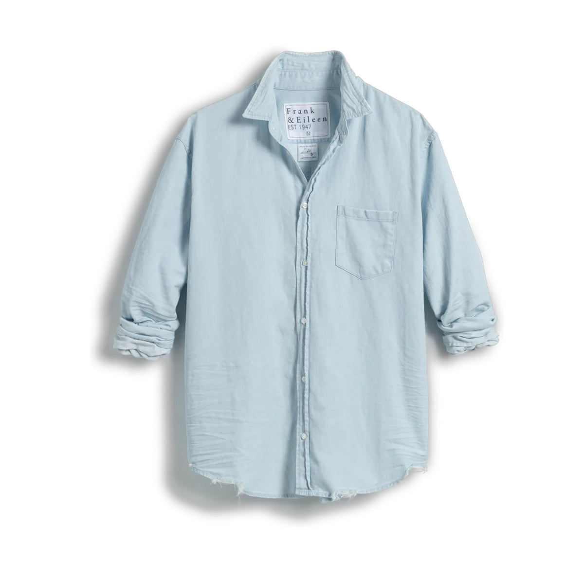 The FRANK &amp; EILEEN LUKE Men&#39;s Button Up Shirt in Famous Denim Classic Denim Tattered Wash is shown from the back, with long sleeves, buttoned cuffs, a curved hem, and an oversized relaxed fit for a casual look.