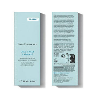 A brown dropper bottle labeled "SKINCEUTICALS - CELL CYCLE CATALYST" by SKIN CEUTICALS, noted as an anti-aging serum. The label highlights it as a corrective treatment boasting renewal, defense, and efficiency to improve cell turnover and reduce fine lines. The bottle's capacity is 30 ml / 1 fl oz.