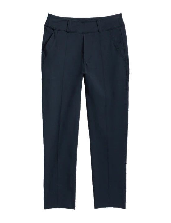 The FRANK & EILEEN - MURPHY BILLION DOLLAR PANT is laid flat against a white background. These black dress pants feature a straight-leg cut, with side pockets and a waistband adorned with belt loops. The fabric appears smooth and slightly stretchy, making them perfect for transitioning from the boardroom to cocktails.