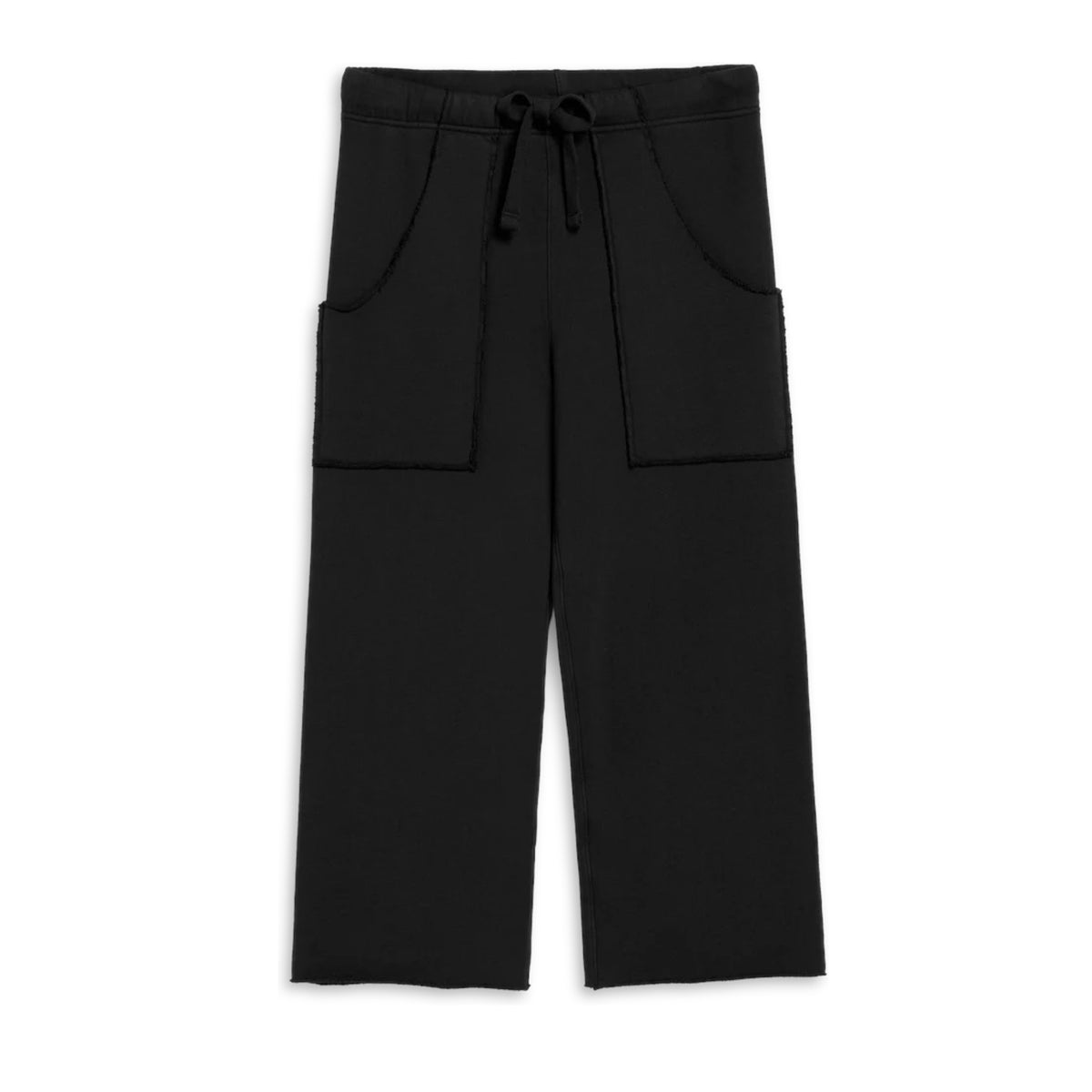 Close-up of a person wearing FRANK &amp; EILEEN Penny Patch Pocket Sweatpant in black, featuring a drawstring waistband and visible stitching. The wearer holds up the waistband slightly against a blurred, light-colored background.