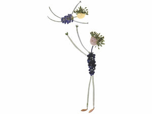 Two whimsical figures crafted from pressed flowers and leaves are playfully depicted, with one figure lifting the other above its head. These figures, featuring leafy limbs and floral bodies set against a white background, make an ideal choice for a Father's Day card. This card is crafted by Petal People Press on FSC-certified cardstock.