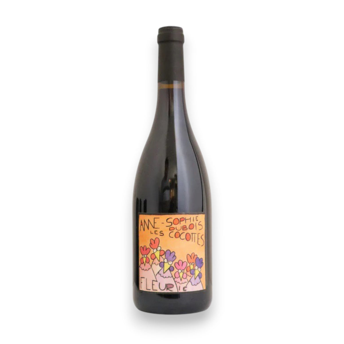 A 2023 ANNE SOPHIE DUBOIS 'LES COCOTTES' FLEURIE by WINE: KELLOGG SELECTIONS features colorful abstract flowers and text on the label. Made with Gamay using carbonic maceration, the vibrant design stands out against a plain white background.