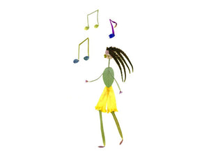 In this delightful greeting card from Petal People Press, a whimsical character with a vibrant yellow petal skirt and leafy body dances gracefully. Above its grass-like limbs float three colorful music notes, creating a harmonious scene on a simple white background.