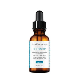 Image showing instructions for applying the SKINCEUTICALS - CE FERULIC serum in two steps:

Step 1: "In the morning after cleansing, dispense 4-5 drops of SKINCEUTICALS - CE FERULIC into clean hands." (Photo of a person dropping serum onto their hand.)
Step 2: "Gently press SKINCEUTICALS - CE FERULIC into the skin on your face, neck, and décolletage. Follow with any other skincare products and sunscreen for environmental protection.