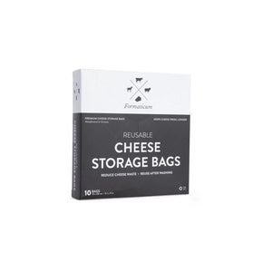 A white box featuring text and illustrations, branded "FORMATICUM" at the top, with three small icons of a goat, cow, and sheep beneath it. The product is identified as "FORMATICUM - REUSABLE CHEESE STORAGE BAGS," designed to maintain freshness. It contains 10 bags and measures 10" x 16" (25 cm x 41 cm).