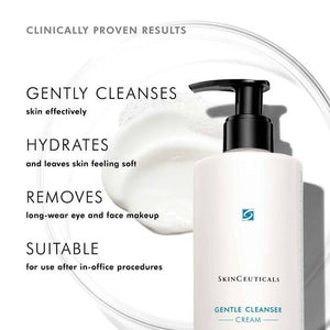 A step-by-step skincare guide with two steps. Step 1 shows a person dispensing a small amount of SKINCEUTICALS - GENTLE CLEANSER onto their clean fingers, ideal for sensitive skin. Step 2 shows the person applying the non-comedogenic cleanser to their wet face and neck with light circular motions.