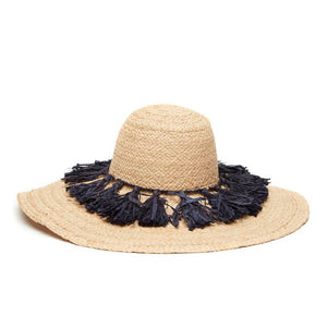 A beautiful MAR Y SOL - PALOMA SUN HAT, featuring a wide brim and colorful tassels around the crown that highlight exquisite artisan craftsmanship, set against a white background.