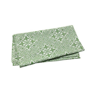 The VIETRI Damask Runner, a folded 100% cotton fabric, displays a green and white symmetrical pattern with intricate floral and geometric designs. Perfect for elegant table decor, it's neatly laid on a white background.