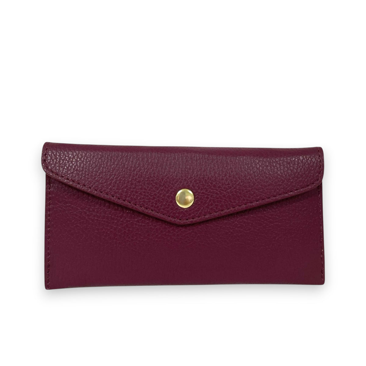 The LE BORSETTE LEATHER ENVELOPE STYLE WALLET features maroon Italian leather with a textured finish, a flap closure, and a central gold button, displayed on a white background.