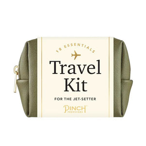 The PINCH PROVISIONS - Unisex Travel Kit from PINCH PROVISIONS, contains various travel accessories including a black sleep mask, comb, nail clipper, safety pin, thread and needle set, earplugs, deodorant wipes, face tissues, breath drops, hand lotion, bandage, and a phone/tablet stand.