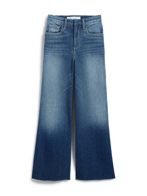 The FRANK & EILEEN Galway Wide Leg Jean in 1999 Wash features a faded ombre effect, cropped raw hem with unfinished edge, classic five-pocket styling, and visible stitching for an effortlessly cool look.