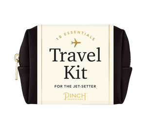 The PINCH PROVISIONS - Unisex Travel Kit from PINCH PROVISIONS, contains various travel accessories including a black sleep mask, comb, nail clipper, safety pin, thread and needle set, earplugs, deodorant wipes, face tissues, breath drops, hand lotion, bandage, and a phone/tablet stand.