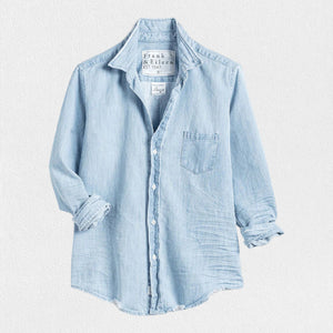 FRANK AND EILEEN - BARRY TAILORED BUTTON UP IN CLASSIC BLUE TATTERED DENIM
