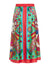 The FRANCO FERRARI Aloe Pinball Skirt boasts vibrant retro-inspired patterns in red, blue, and green on luxurious silk. It features a button-down front and a red waistband with a drawstring.