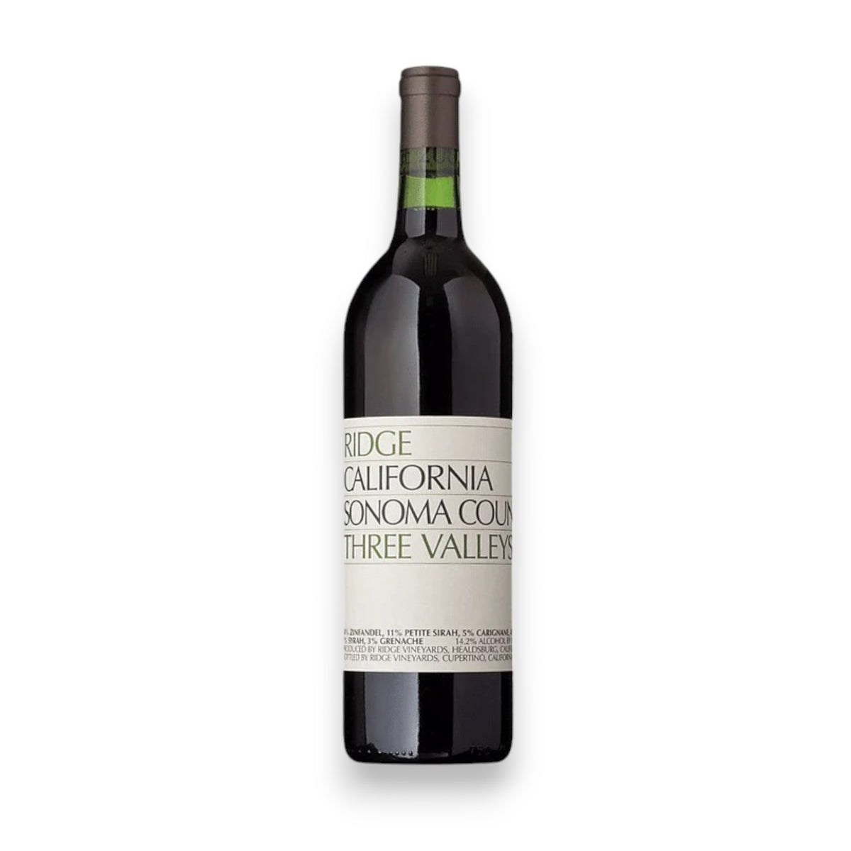 The RIDGE &#39;Three Valleys&#39; Zinfandel Blend 2022 from Sonoma County, with its beige label and green neck, highlights Winebow&#39;s artistry. Known for its Zinfandel, it stands elegantly against a white background with green and black text.