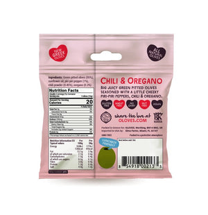 A small, light pink packet of POSHI brand olives named OLOVES - CHILI & OREGANO. The package features the text "Natural Green Pitted Olives" and "Chili & Oregano" with a green olive illustration. Labels indicate it's a low-calorie, gluten-free vegan snack with a new Greek recipe. Net weight: 30g / 1.1 oz.