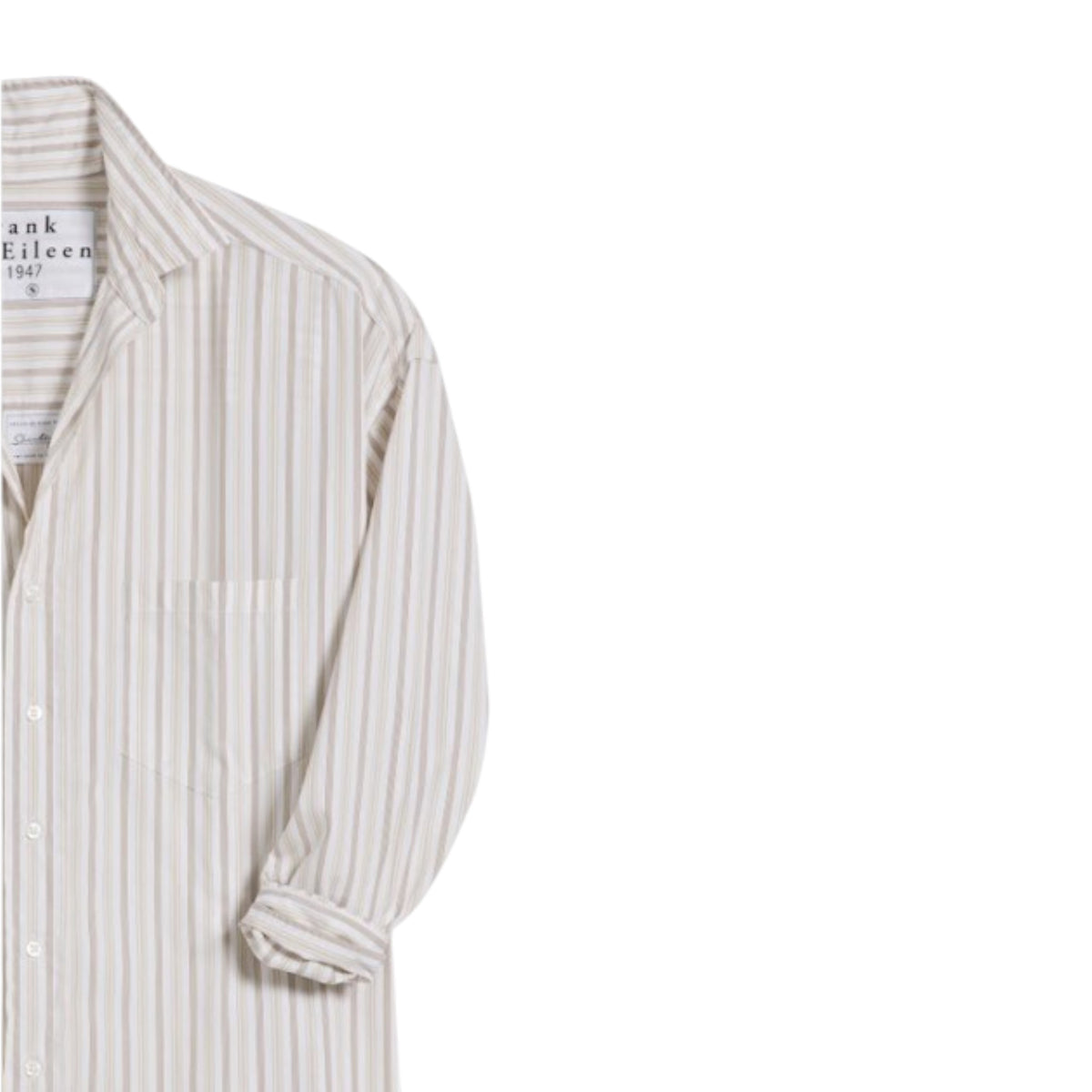 The FRANK &amp; EILEEN Finbar Men&#39;s Button Up Shirt in White Sand Stripe Italian Cotton features beige and white vertical stripes, a front pocket, and a casually rolled-up sleeve, shown from the left side with only the upper half visible.