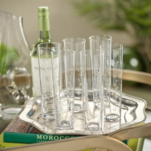 A set of six FLORA ETCHED CHAMPAGNE FLUTES from ZODAX, tall and slender with delicate etched floral and leaf designs in assorted patterns. Each flute has varying capacities and dimensions, arranged in a row on a white reflective surface.