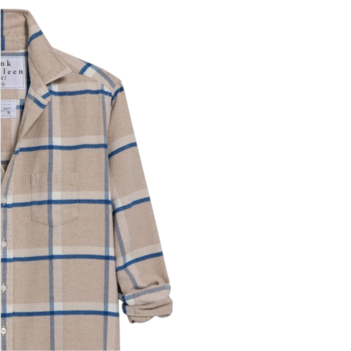 The FRANK &amp; EILEEN Finbar Men&#39;s Button Up Shirt in tan, navy, and white plaid is pictured with a collar, chest pocket, and rolled sleeves. Only the left half of this Italian cotton shirt appears against a white background.