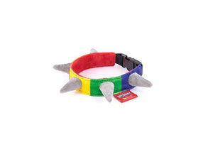 Introducing the SPIKED RAINBOW COLLAR (L) by PLAY PET LIFESTYLE: a vibrant, machine washable collar for dogs, featuring a pattern in red, yellow, green, and blue segments. This plush collar boasts large, soft grey spikes and is secured with a black plastic buckle. It also includes a small red tag with text attached to its eco-friendly filler material.