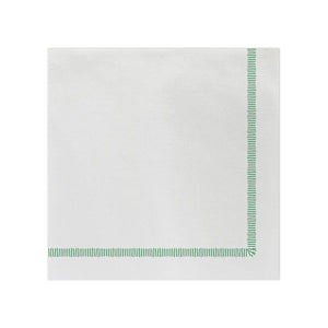 The VIETRI - FRINGE DINNER NAPKIN from the brand VIETRI features a simple blue striped border on two edges, made from absorbent spunlace fabric, shown against a plain white background.