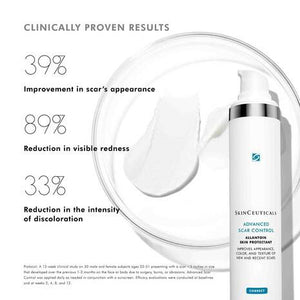 Packaging of SKIN CEUTICALS - ADVANCED SCAR CONTROL. The blue-green box emphasizes the product's capabilities in both smoothing existing scars and preventing new ones. It features a panel that lists drug facts, including active ingredients, usage warnings, and directions for use.