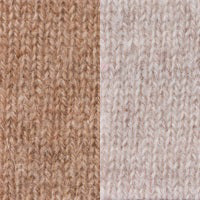 A close-up of two knitted fabric textures side by side: On the left, a rich brown, dense knit pattern resembling a 4ply structure; on the right, a lighter beige 5gg cashmere with a slightly looser knit from the KINROSS CASHMERE - PLAITED RIB CREW NECK SWEATER. Both sections showcase the diverse textures and colors of KINROSS yarns.