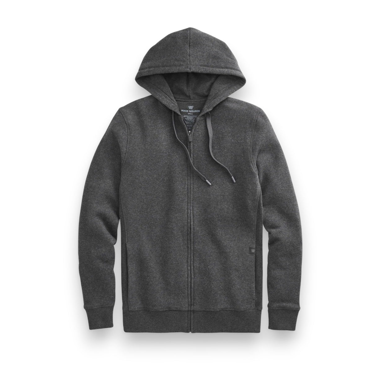 The MACK WELDON Ace Full Zip Hooded Sweatshirt features a modern fit, drawstring hood, long sleeves, and front pockets, made from soft French terry in dark gray and shown laid flat on a white background.