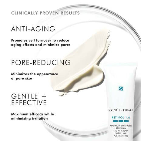 A white tube of SKINCEUTICALS - RETINOL 1.0 Night Cream with a black cap from Skin Ceuticals. The text on the tube indicates it contains 1.0% high-concentration pure retinol. The packaging is clean and minimalistic, designed to effectively reduce the visible signs of aging.