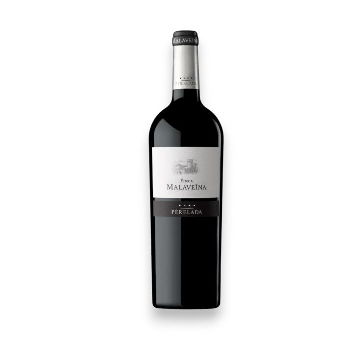 A bottle of Perelada Finca Malaveïna Merlot Blend 2019 by Johnson Bros./Mutual/Epiphany from Empordà features a black and white label with elegant typography. It stands upright, showcasing the brand prominently. The dark cap displays the brand name and hints at notes of black cherry.