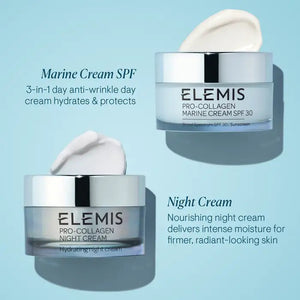 A clear, open jar of ELEMIS Pro-Collagen Night Cream 50ml from ELEMIS - STEINER, filled with white cream, rests on a puddle of spilled cream. The jar showcases a white label with the product name in black text. Perfect for achieving a radiant complexion, this night cream supports your anti-aging skincare routine. The background is white.