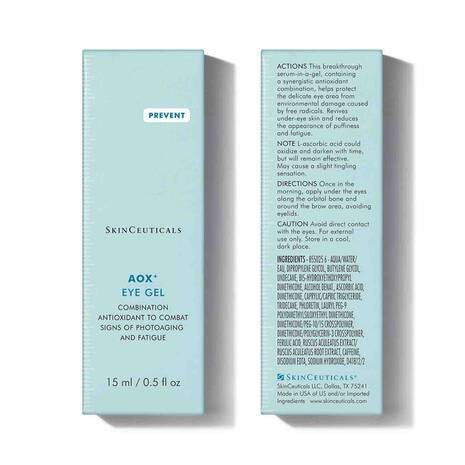 A 15ml bottle of SKINCEUTICALS - AOX EYE GEL. The bottle is brown with a black cap and features blue and white text detailing that it is a triple antioxidant eye serum by SKIN CEUTICALS designed to combat under-eye circles, photoaging, and signs of fatigue.