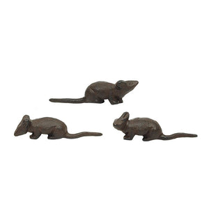 Positioned against a plain white background are three small, dark brown "CAST IRON MOUSE" figurines by CREATIVE COOP. Each measuring 5 inches in length, these figurines feature varied poses and detailed features, conveying a rustic and playful aesthetic through their assorted styles.