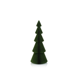 Introducing the WISH PAPER DECORATIVE TREE - ALPINA 24IN by ZODAX. This decorative cone-shaped paper tree boasts layered folds akin to a classic Christmas tree design. Crafted in a rich dark green hue, it measures 10 inches by 24 inches and elegantly stands upright against a simple white background.