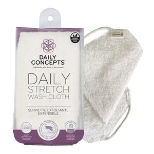 The product image features the DAILY CONCEPTS DAILY STRETCH WASH CLOTH. The packaging prominently displays the product name and brand, with additional details highlighting its organic and vegan attributes. Next to the packaging, a partially unfolded textured white stretch wash cloth, perfect for total body exfoliation, is showcased.