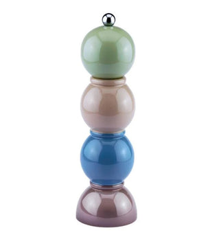 Discover the ADDISON ROSS LONDON Bobbin Salt or Pepper Mill 24cm: a decorative grinder made from FSC certified rubberwood with colorful stacked spheres in green, pink, blue, and purple. It features a shiny silver top knob and rounded base with a durable ceramic mechanism inside.