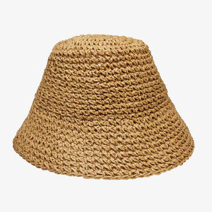 The WYETH HATS - THE TALI is a brown hand-crocheted raffia straw hat featuring a wide brim, showcased against a plain white background.