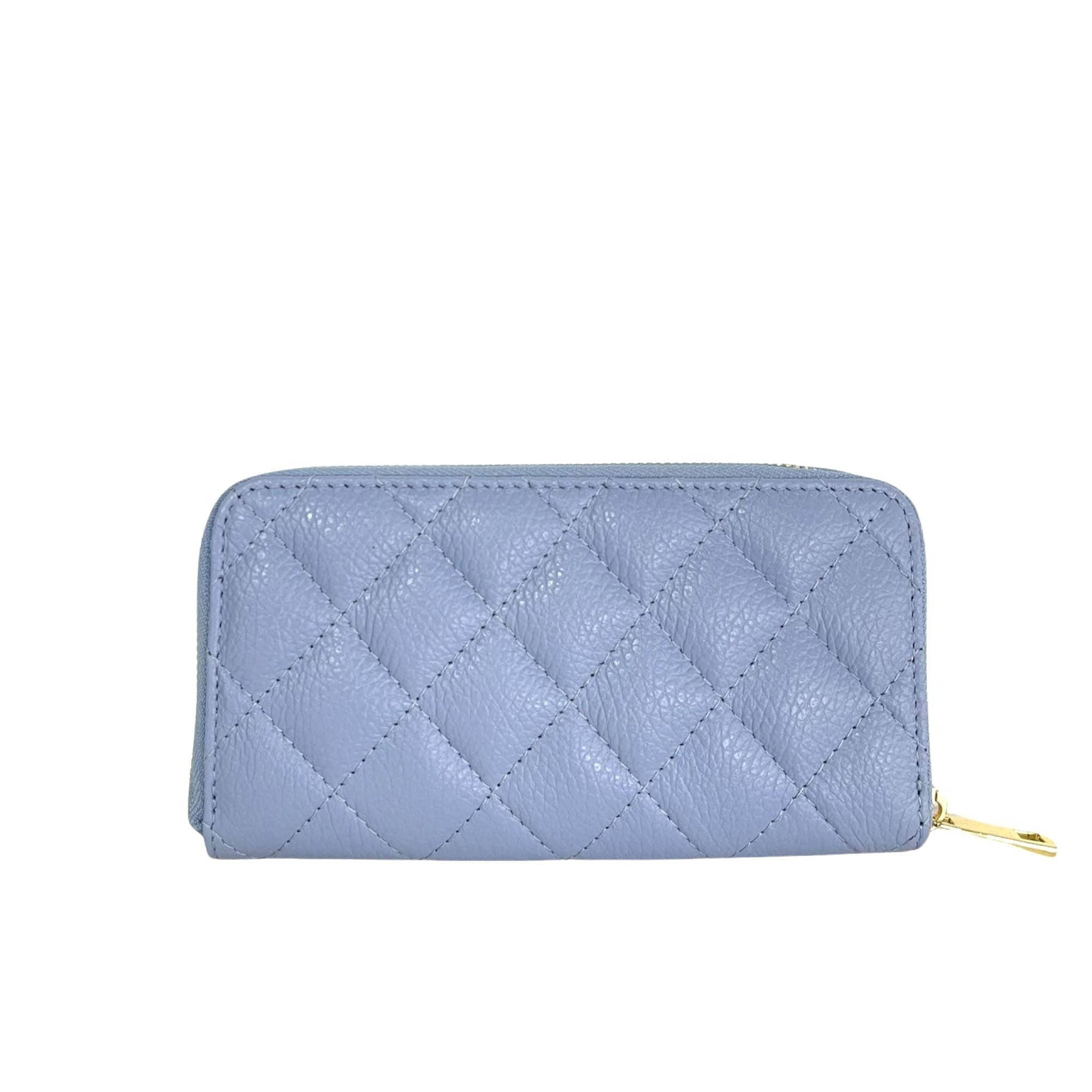 A light blue LE BORSETTE LEATHER QUILTED WALLET with diamond stitching on a white background features a zip-around closure, gold zipper pull, and multiple card slots.