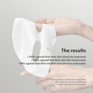 A person holds a SUNGBOON EDITOR - DEEP COLLAGEN LIFTING MASK in their hands against a neutral background. Text next to the mask reads: "+100% agreed that their skin elasticity improved. +100% agreed that their skin felt moisturized. +98% agreed that their wrinkles became less noticeable.