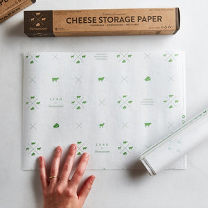 A rectangular, brown package of FORMATICUM - ZERO CHEESE STORAGE PAPER from the brand FORMATICUM. The packaging promotes it as compostable, biodegradable, and recyclable. The text includes "Zero," "15 sheets," and "keeps cheese fresher, longer" alongside small icons of cheese and animals.