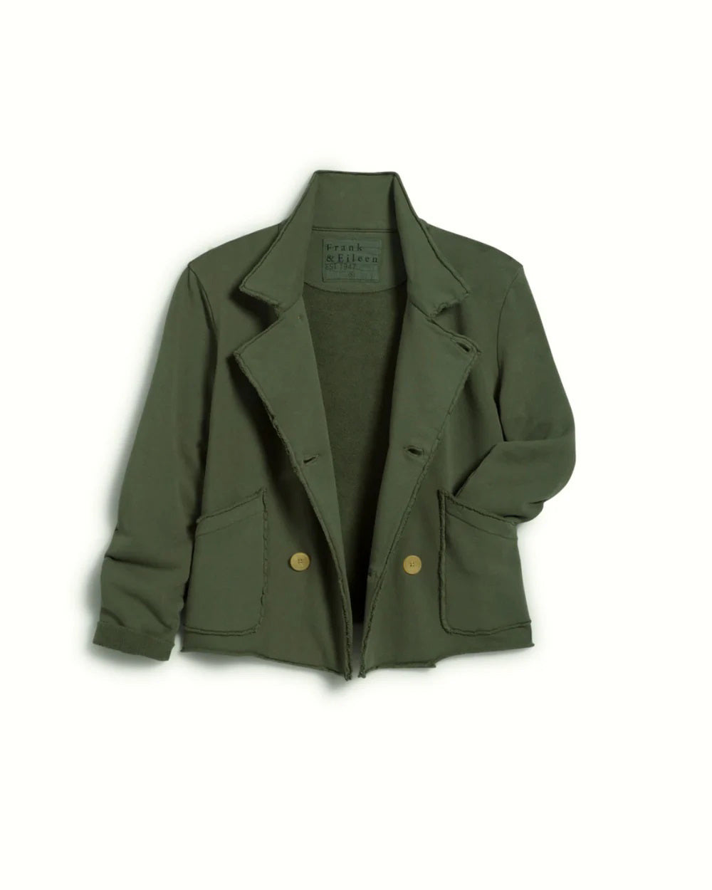FRANK &amp; EILEEN MINI BELFAST Cropped Sweatshirt Peacoat in Caper, an olive green women&#39;s blazer with notched lapels, two front pockets, horn buttons, and raw-edge detailing, shown on a white background.