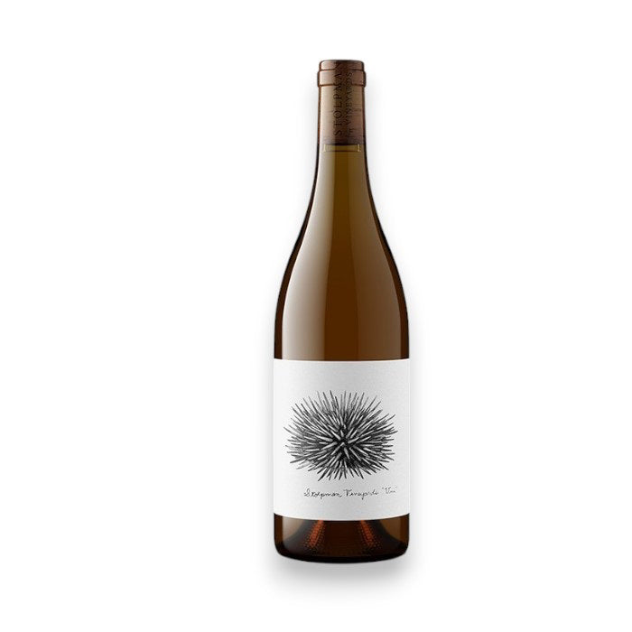 A bottle of STOLPMAN UNI CHARDONNAY/ROUSSANNE 2023 from WINE: WINEBOW features a white label with a detailed black sea urchin illustration, shown against a plain white background.